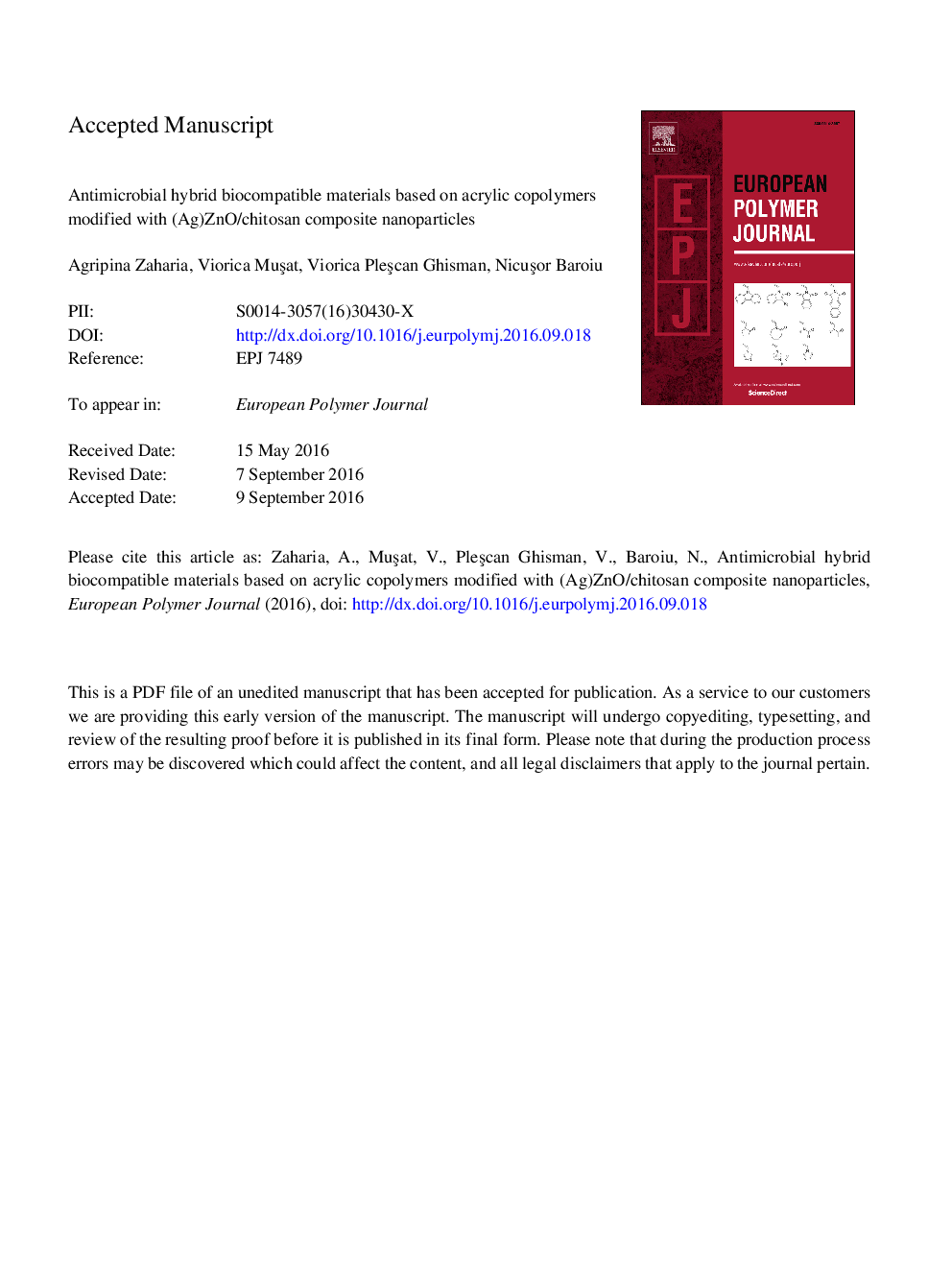 Antimicrobial hybrid biocompatible materials based on acrylic copolymers modified with (Ag)ZnO/chitosan composite nanoparticles