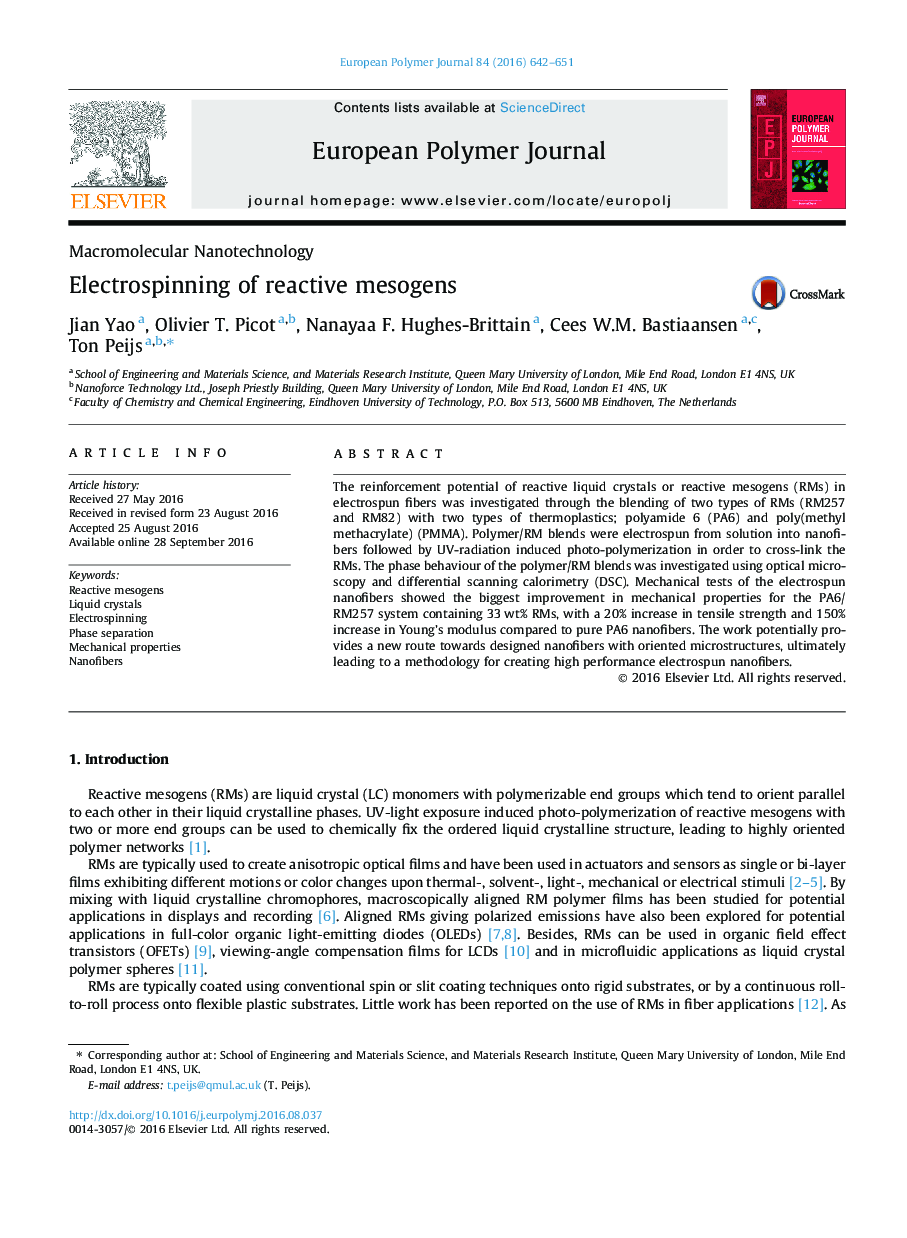 Electrospinning of reactive mesogens