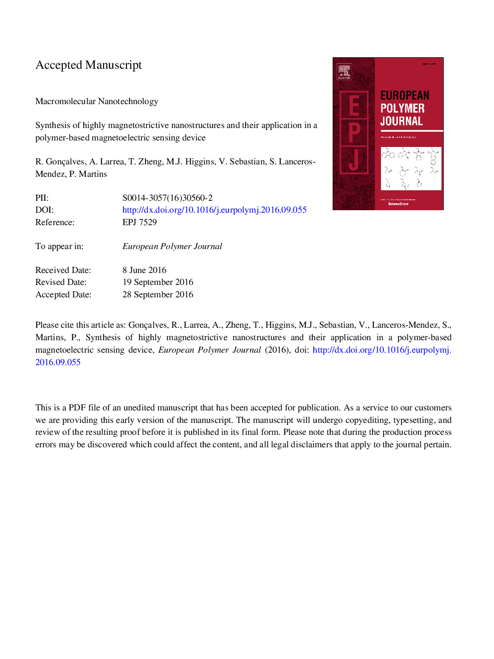 Synthesis of highly magnetostrictive nanostructures and their application in a polymer-based magnetoelectric sensing device