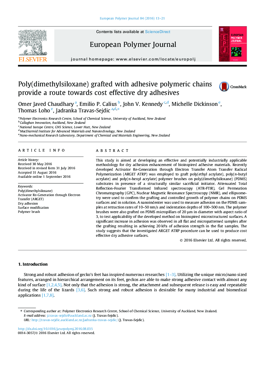 Poly(dimethylsiloxane) grafted with adhesive polymeric chains provide a route towards cost effective dry adhesives