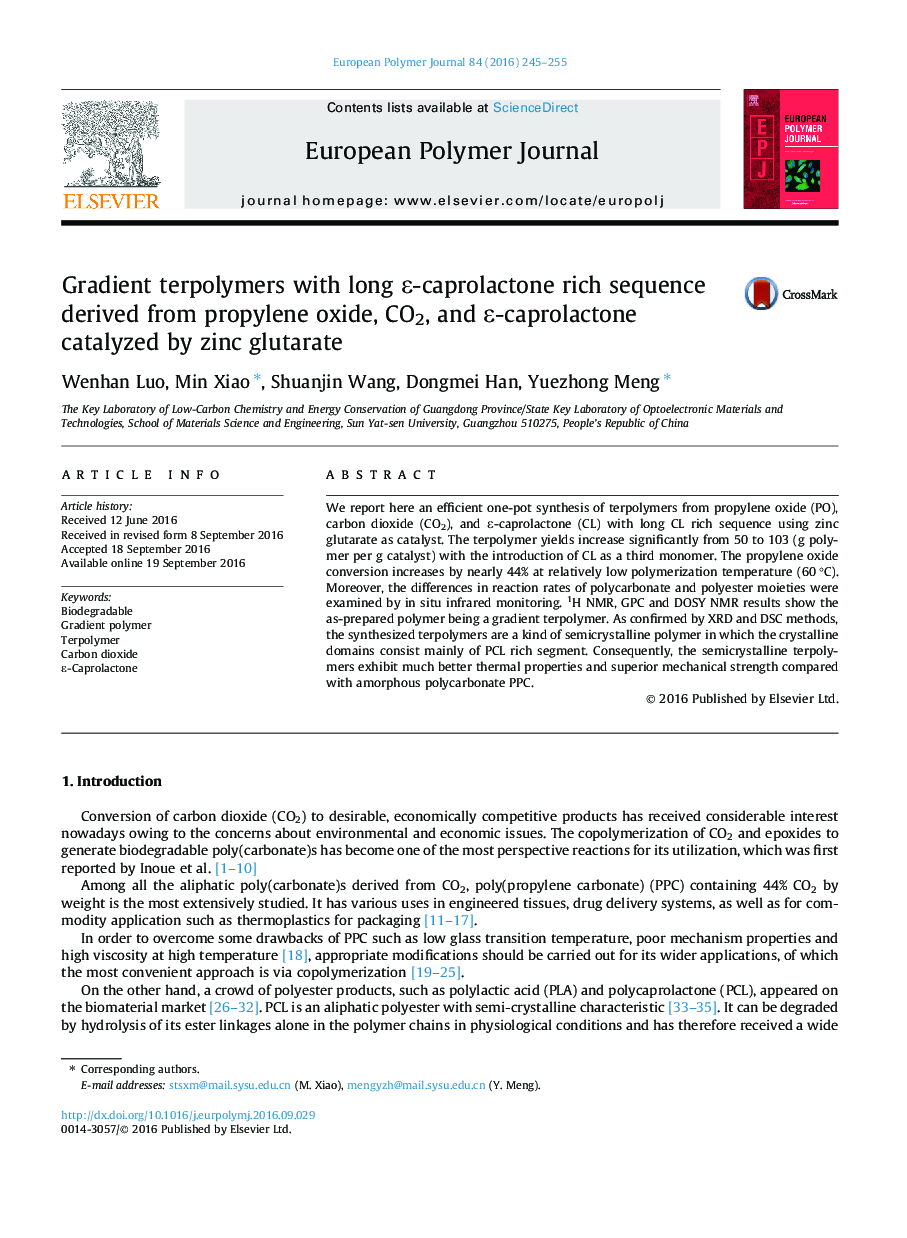 Gradient terpolymers with long Îµ-caprolactone rich sequence derived from propylene oxide, CO2, and Îµ-caprolactone catalyzed by zinc glutarate