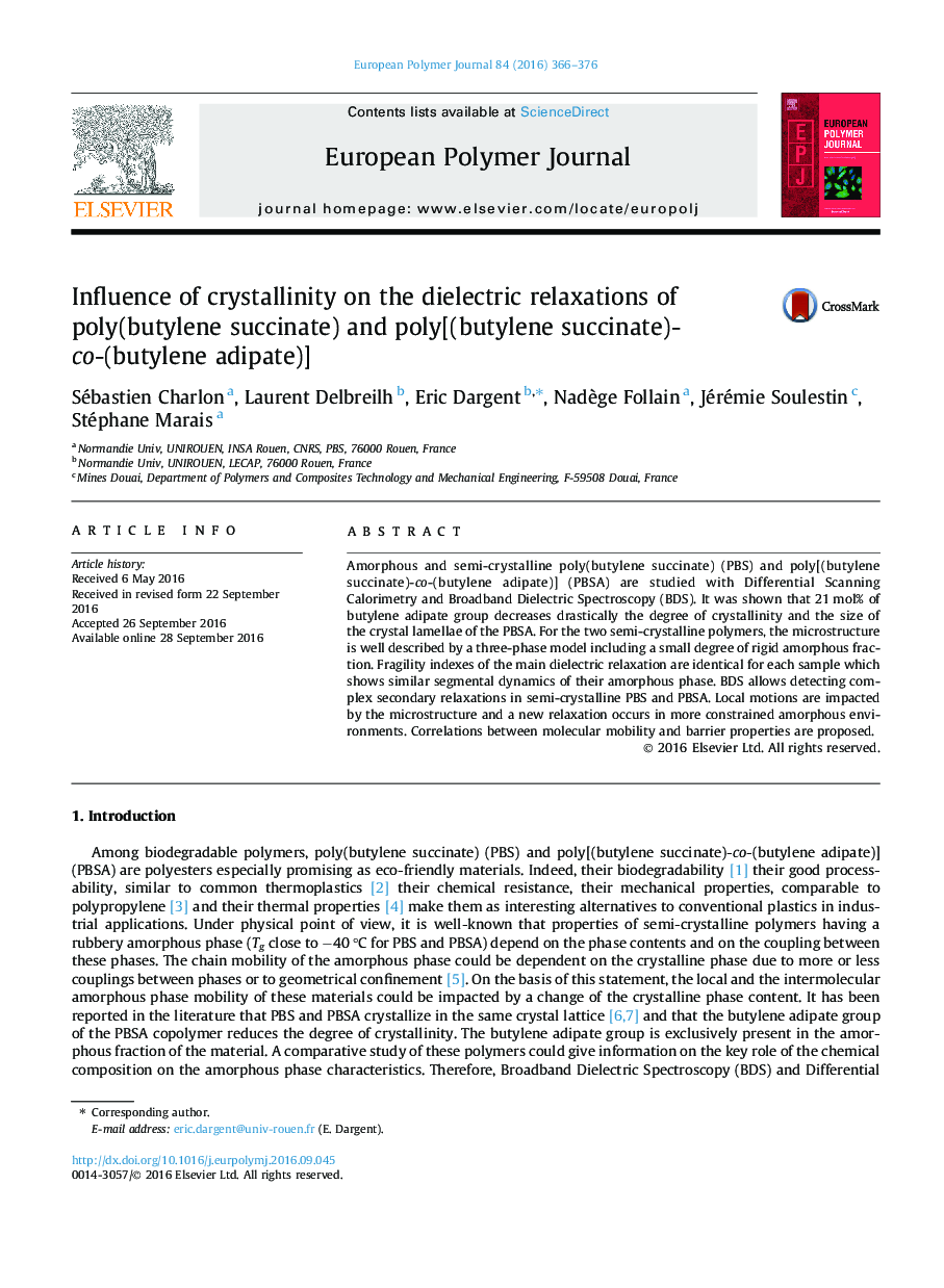 Influence of crystallinity on the dielectric relaxations of poly(butylene succinate) and poly[(butylene succinate)-co-(butylene adipate)]