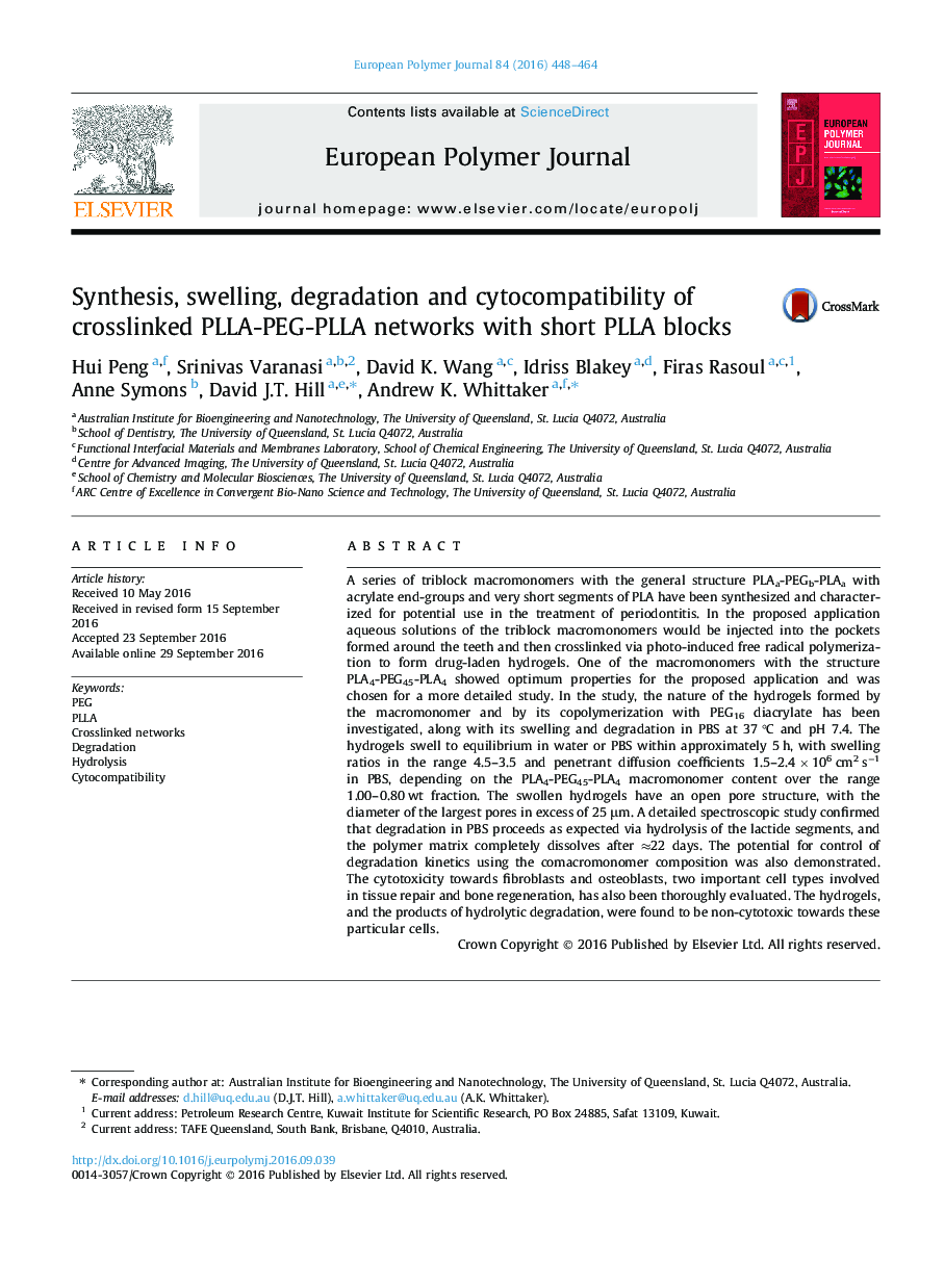عکس صفحه اول مقاله: Synthesis, swelling, degradation and cytocompatibility of crosslinked PLLA-PEG-PLLA networks with short PLLA blocks Synthesis, swelling, degradation and cytocompatibility of crosslinked PLLA-PEG-PLLA networks with short PLLA blocks
