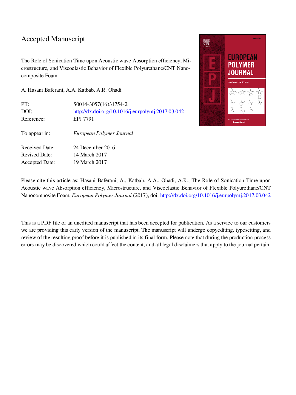 The role of sonication time upon acoustic wave absorption efficiency, microstructure, and viscoelastic behavior of flexible polyurethane/CNT nanocomposite foam