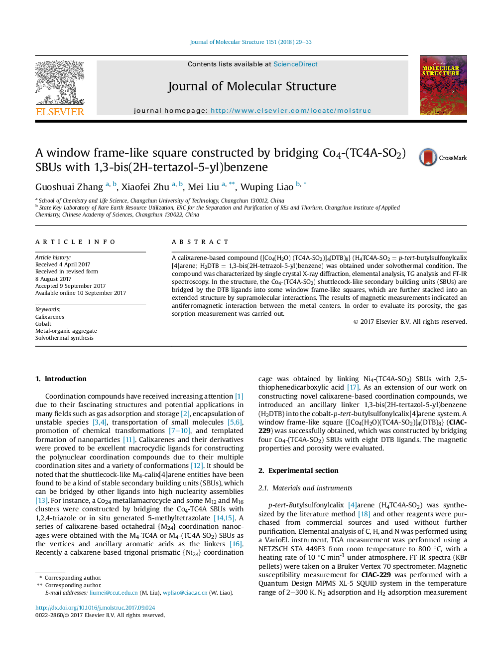 A window frame-like square constructed by bridging Co4-(TC4A-SO2) SBUs with 1,3-bis(2H-tertazol-5-yl)benzene