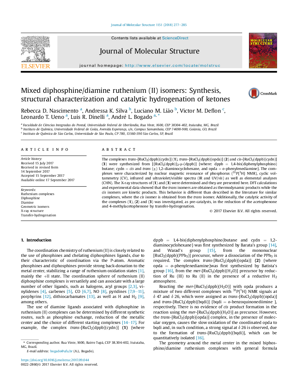 Mixed diphosphine/diamine ruthenium (II) isomers: Synthesis, structural characterization and catalytic hydrogenation of ketones