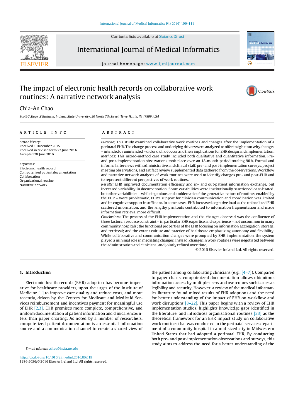 The impact of electronic health records on collaborative work routines: A narrative network analysis