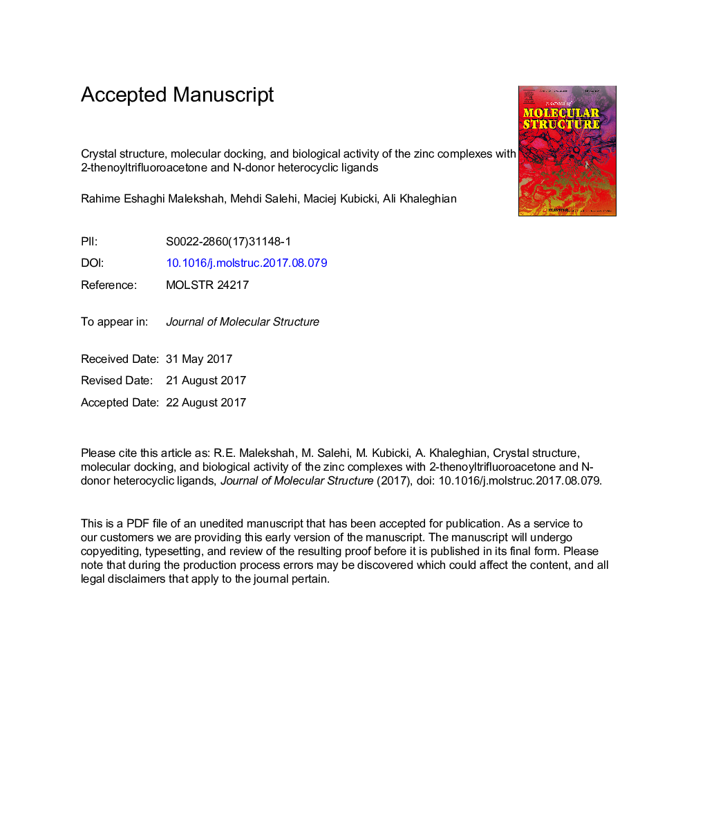 Crystal structure, molecular docking, and biological activity of the zinc complexes with 2-thenoyltrifluoroacetone and N-donor heterocyclic ligands