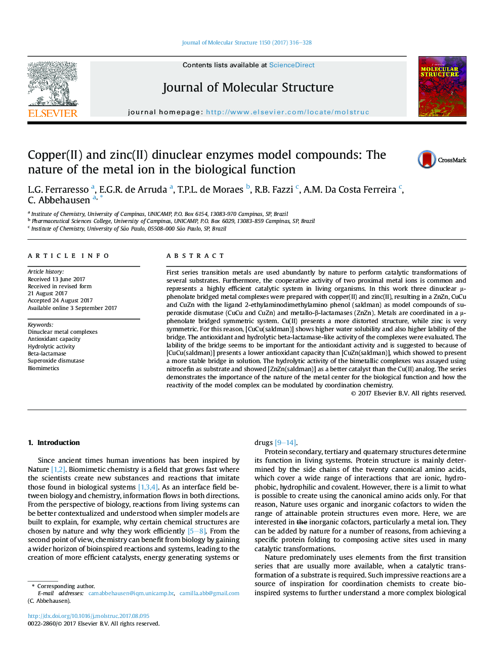 Copper(II) and zinc(II) dinuclear enzymes model compounds: The nature of the metal ion in the biological function