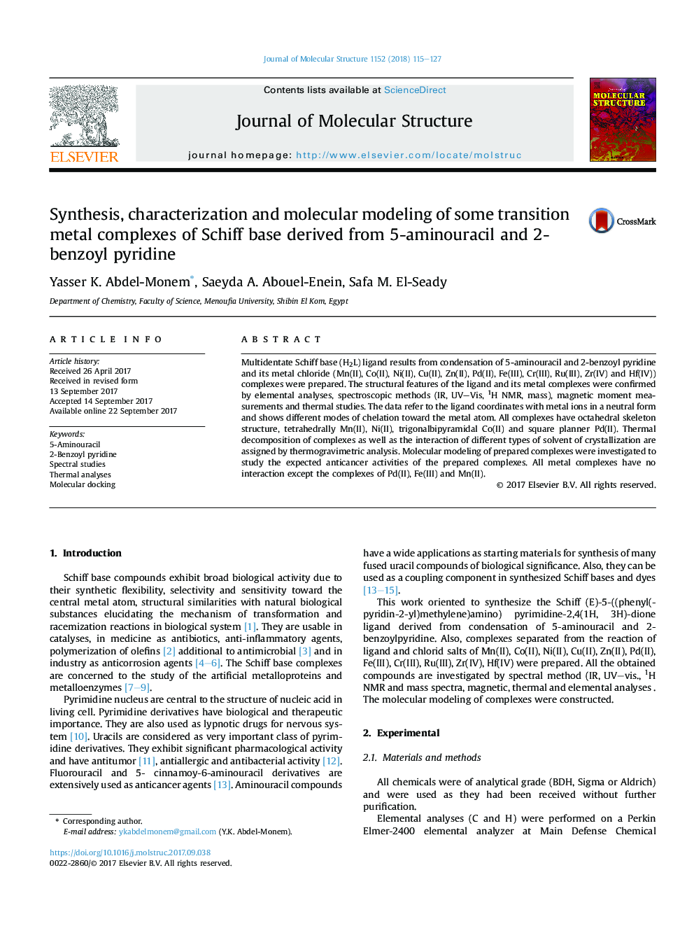 Synthesis, characterization and molecular modeling of some transition metal complexes of Schiff base derived from 5-aminouracil and 2-benzoyl pyridine