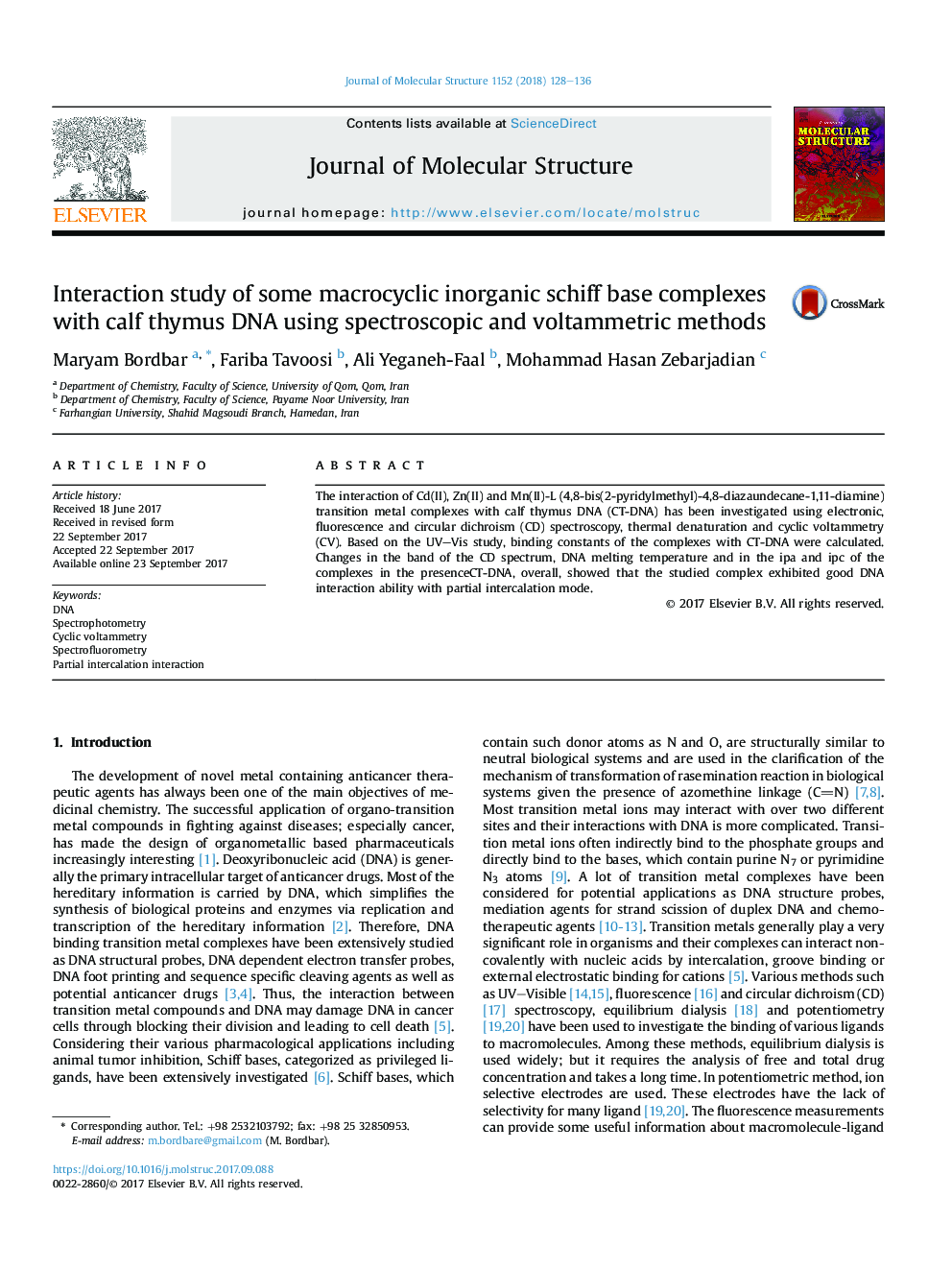 Interaction study of some macrocyclic inorganic schiff base complexes with calf thymus DNA using spectroscopic and voltammetric methods