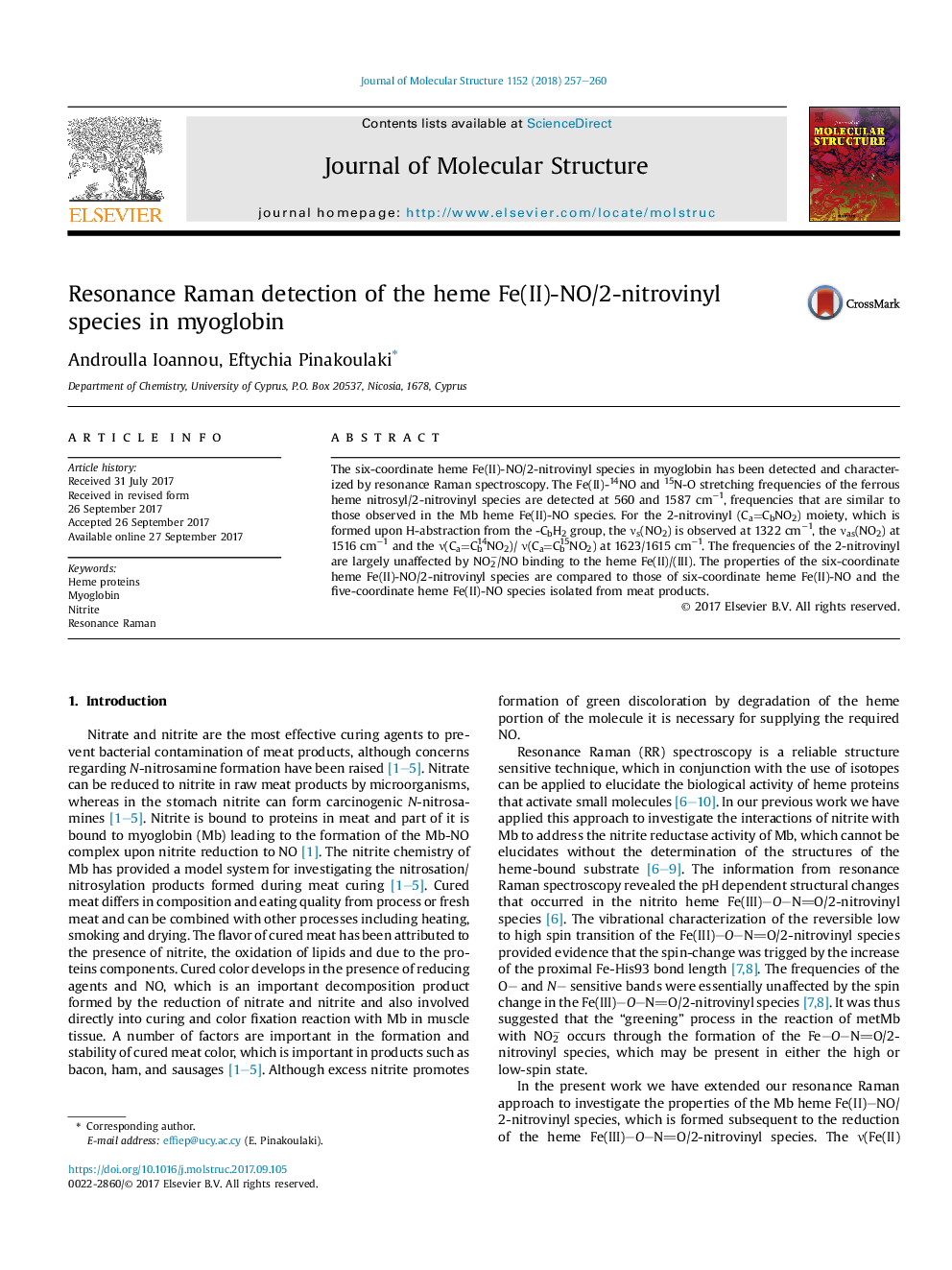 Resonance Raman detection of the heme Fe(II)-NO/2-nitrovinyl species in myoglobin