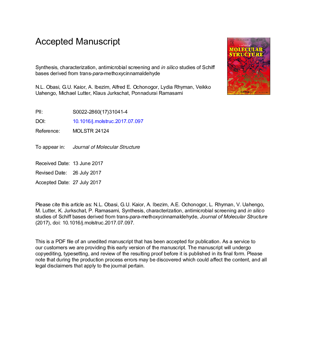 Synthesis, characterization, antimicrobial screening and in silico studies of Schiff bases derived from trans-para-methoxycinnamaldehyde