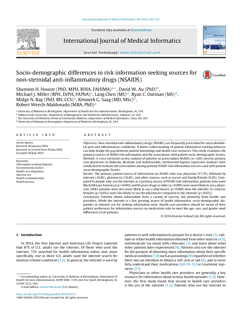 Socio-demographic differences in risk information seeking sources for non-steroidal anti-inflammatory drugs (NSAIDS)