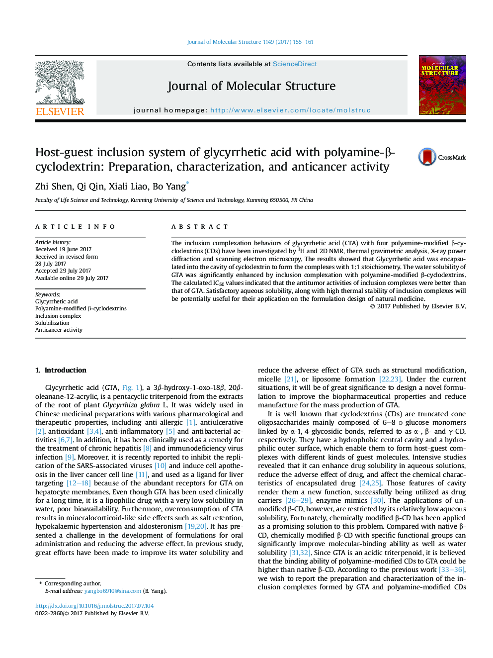 Host-guest inclusion system of glycyrrhetic acid with polyamine-Î²-cyclodextrin: Preparation, characterization, and anticancer activity