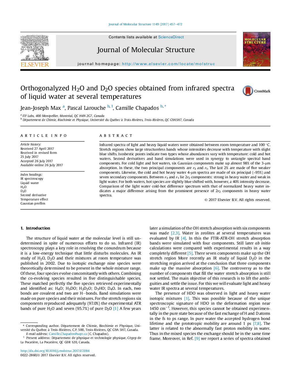 Orthogonalyzed H2O and D2O species obtained from infrared spectra of liquid water at several temperatures