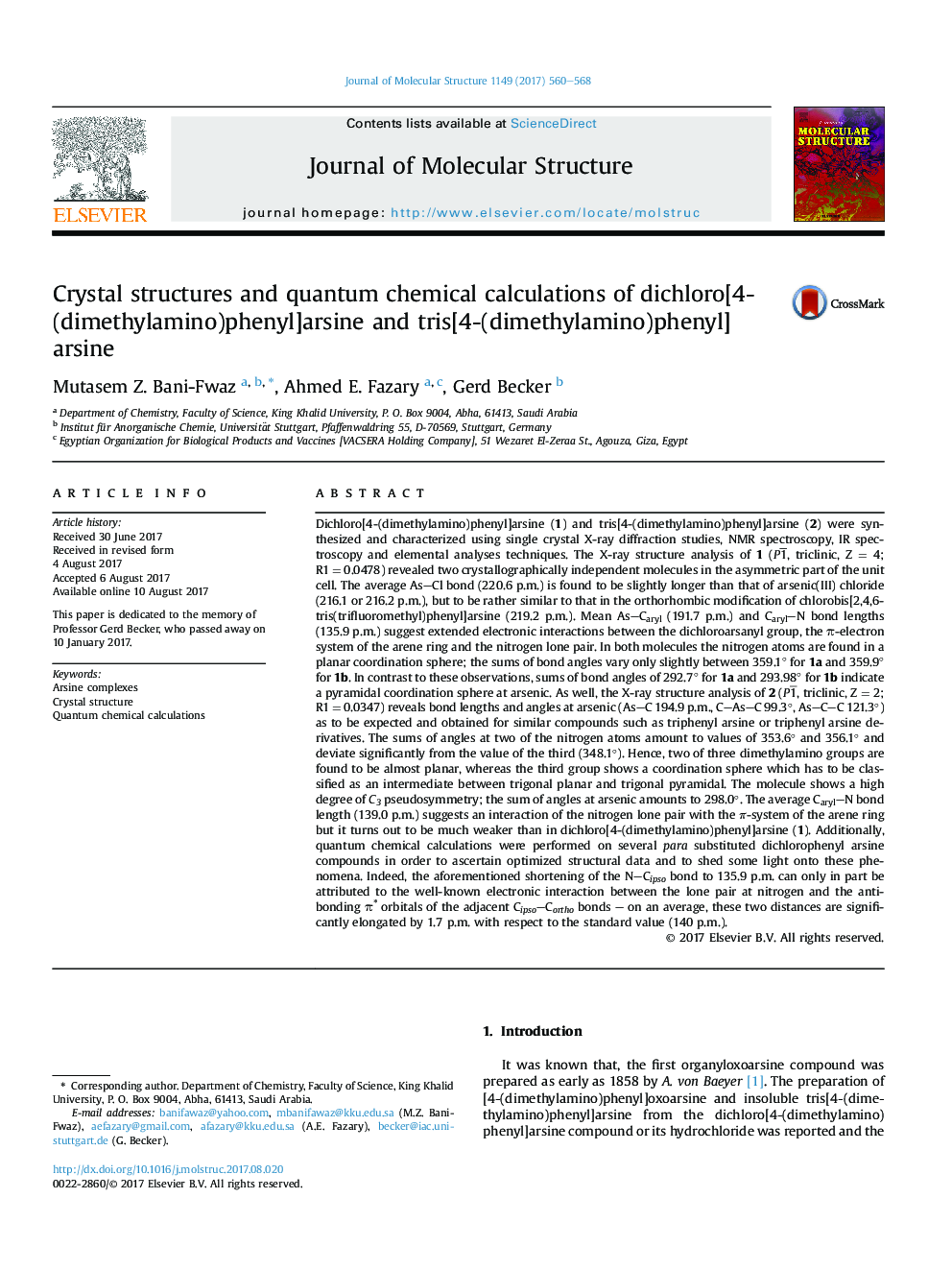 Crystal structures and quantum chemical calculations of dichloro[4-(dimethylamino)phenyl]arsine and tris[4-(dimethylamino)phenyl]arsine