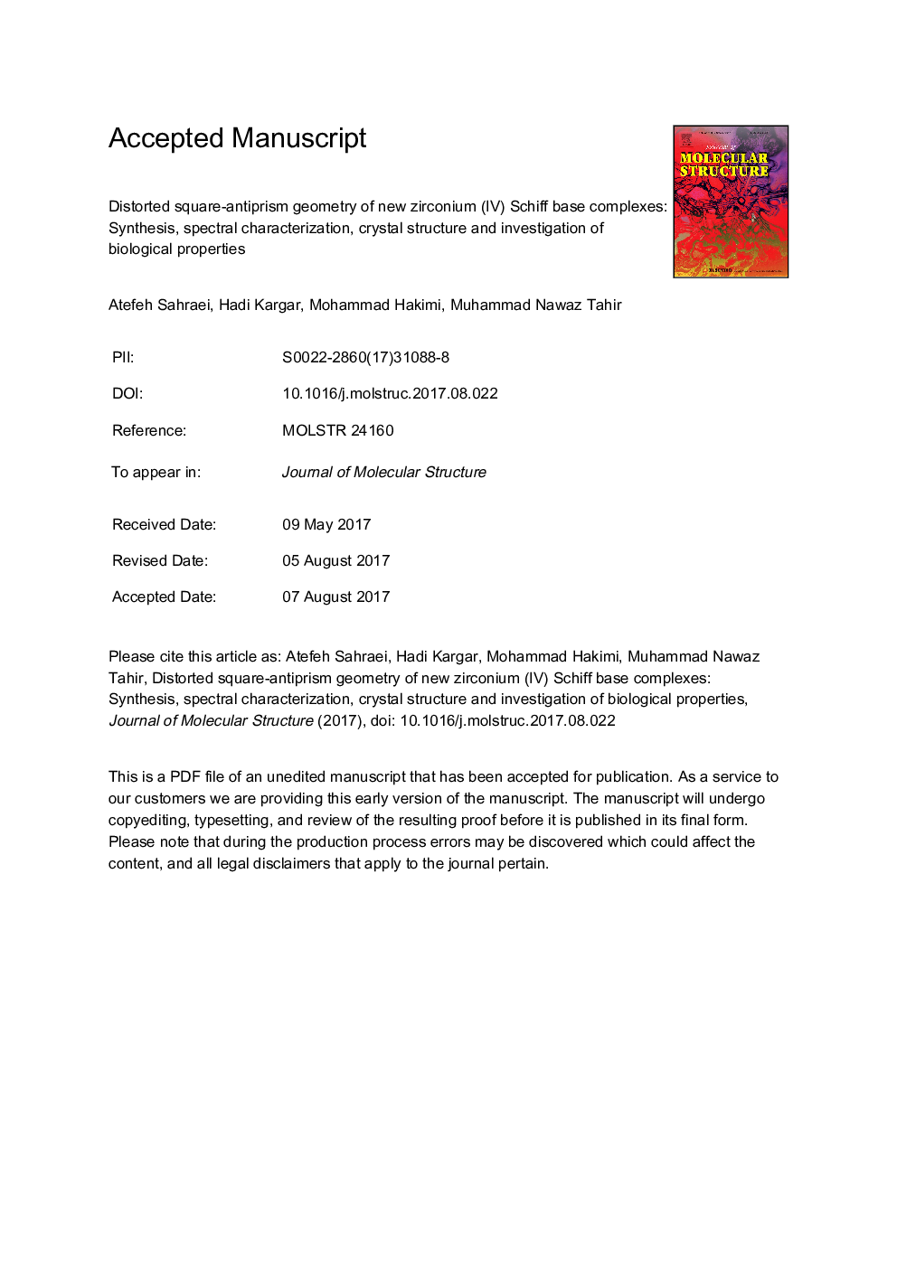 Distorted square-antiprism geometry of new zirconium (IV) Schiff base complexes: Synthesis, spectral characterization, crystal structure and investigation of biological properties