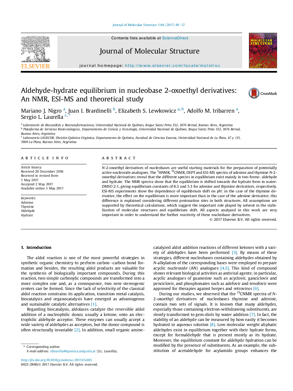 Aldehyde-hydrate equilibrium in nucleobase 2-oxoethyl derivatives: An NMR, ESI-MS and theoretical study