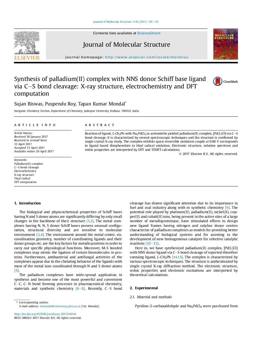 Synthesis of palladium(II) complex with NNS donor Schiff base ligand via CS bond cleavage: X-ray structure, electrochemistry and DFT computation