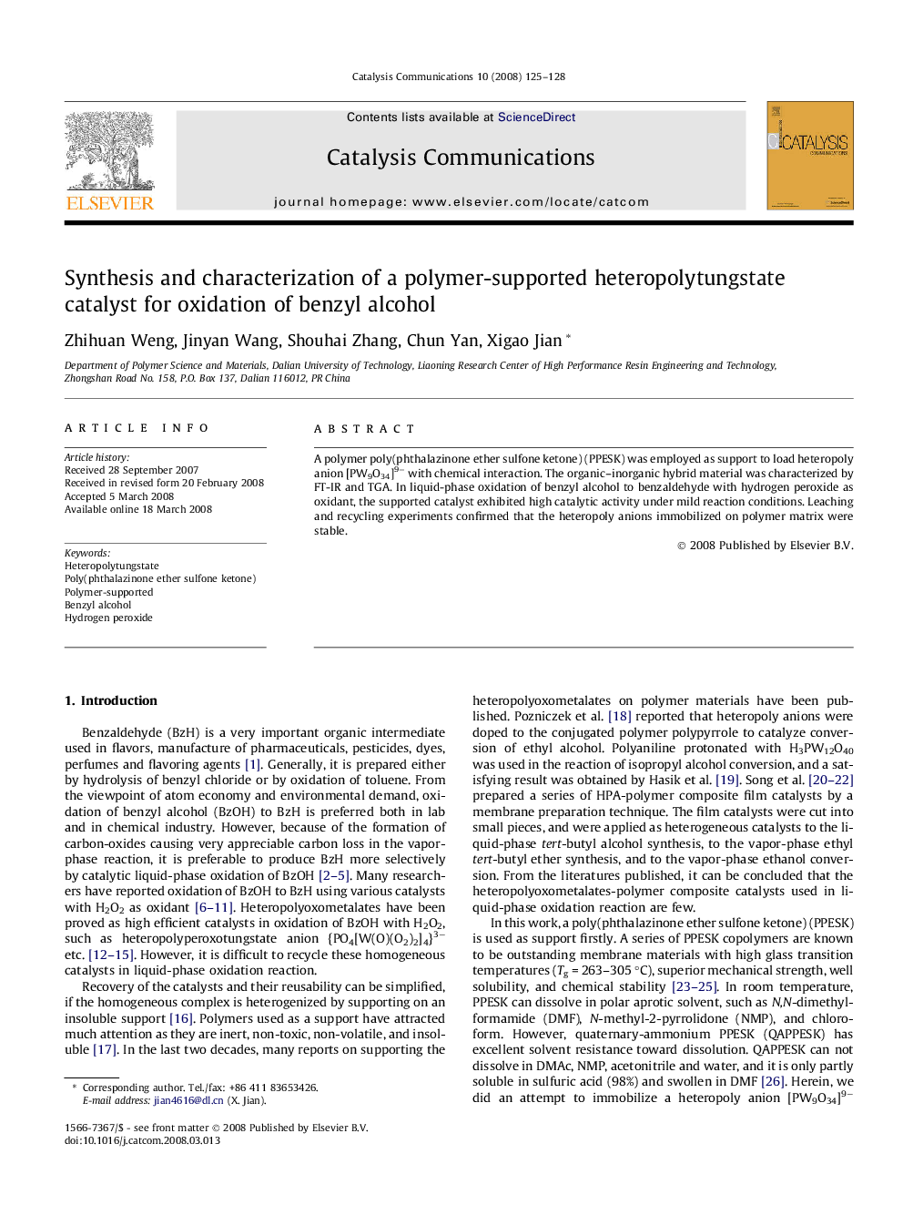 Synthesis and characterization of a polymer-supported heteropolytungstate catalyst for oxidation of benzyl alcohol