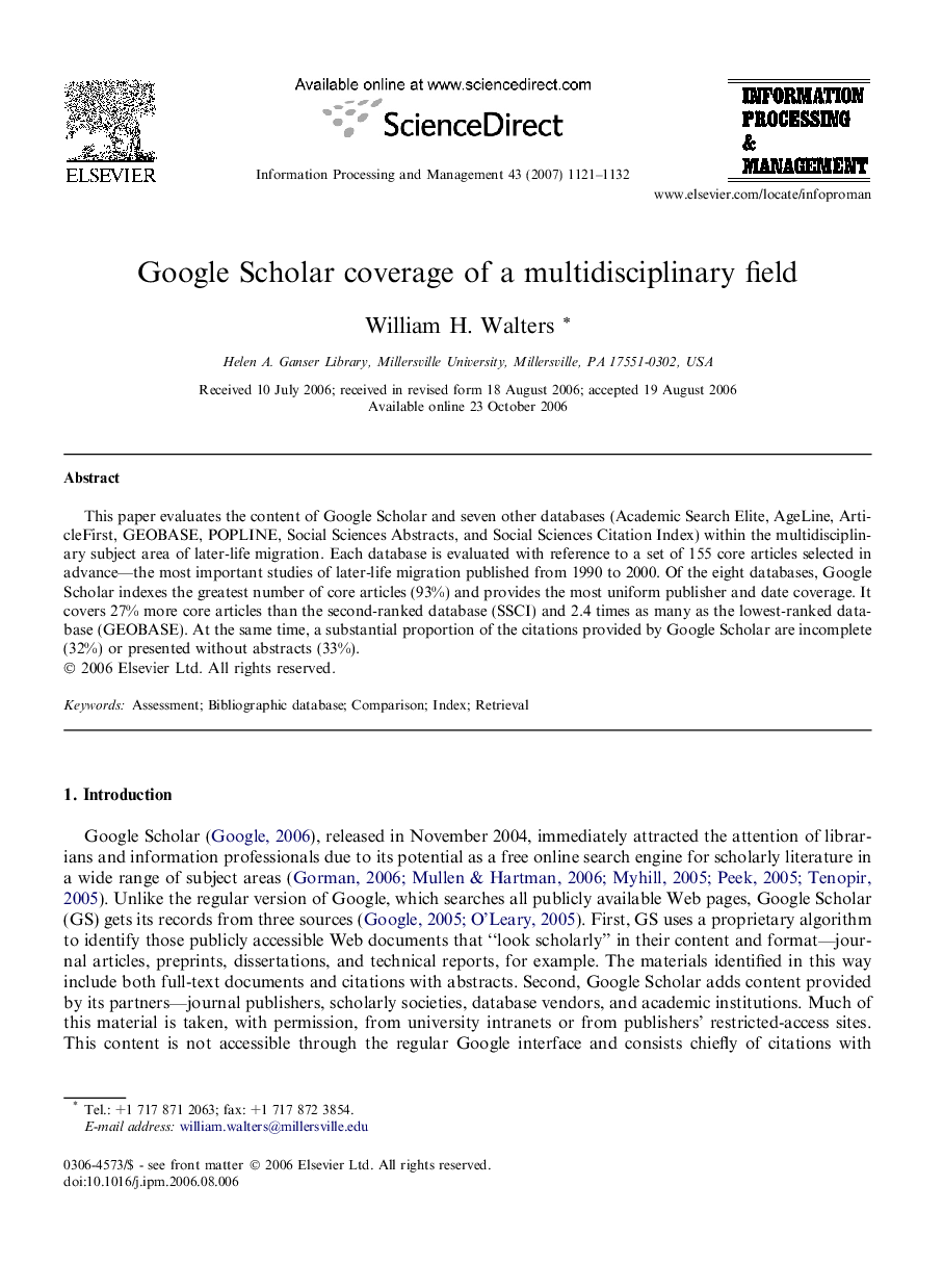 Google Scholar coverage of a multidisciplinary field