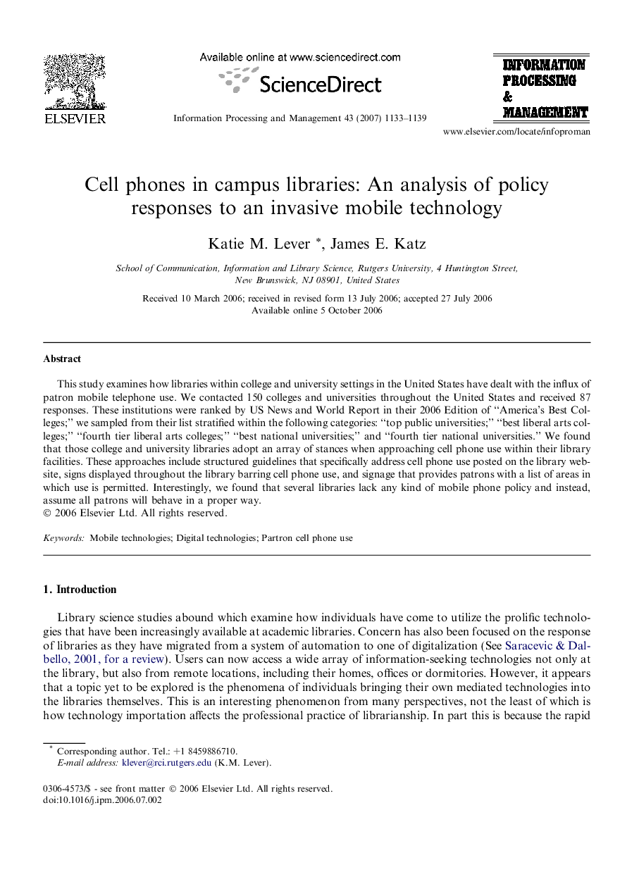 Cell phones in campus libraries: An analysis of policy responses to an invasive mobile technology