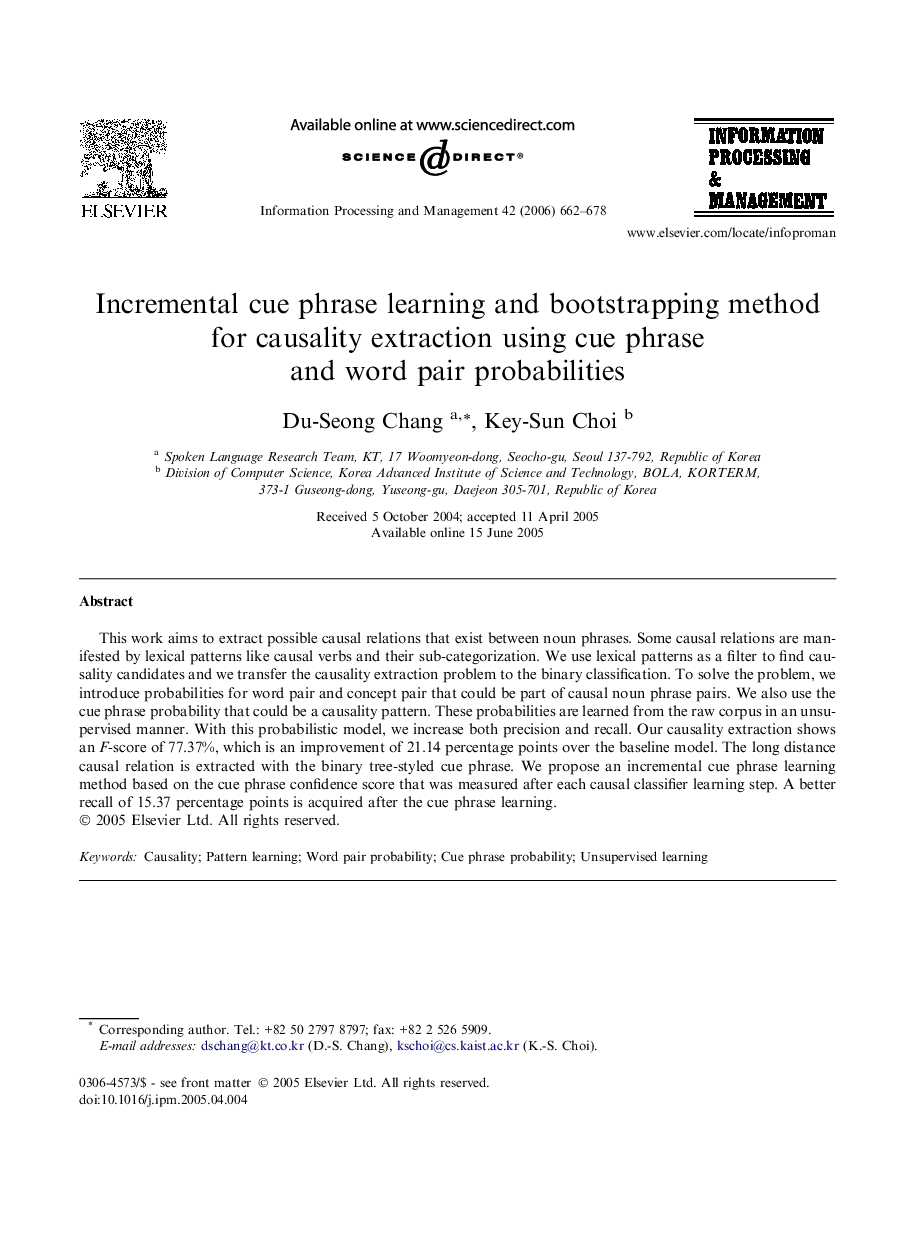 Incremental cue phrase learning and bootstrapping method for causality extraction using cue phrase and word pair probabilities