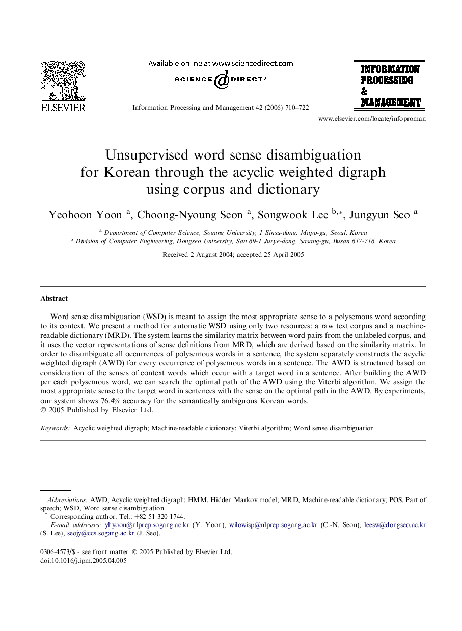 Unsupervised word sense disambiguation for Korean through the acyclic weighted digraph using corpus and dictionary