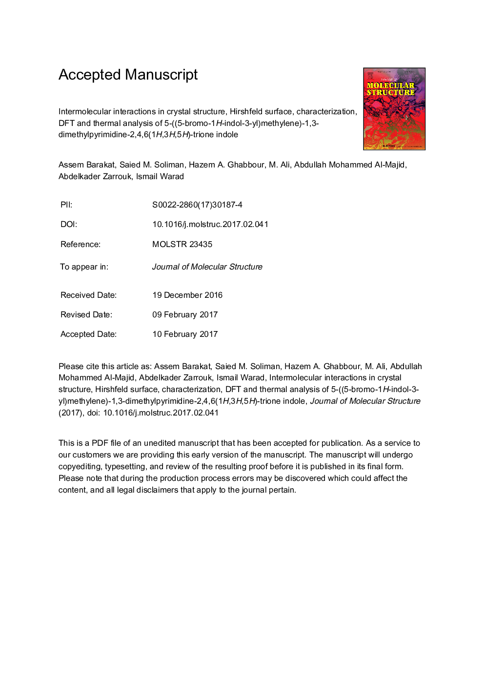 Intermolecular interactions in crystal structure, Hirshfeld surface, characterization, DFT and thermal analysis of 5-((5-bromo-1H-indol-3-yl)methylene)-1,3-dimethylpyrimidine-2,4,6(1H,3H,5H)-trione indole