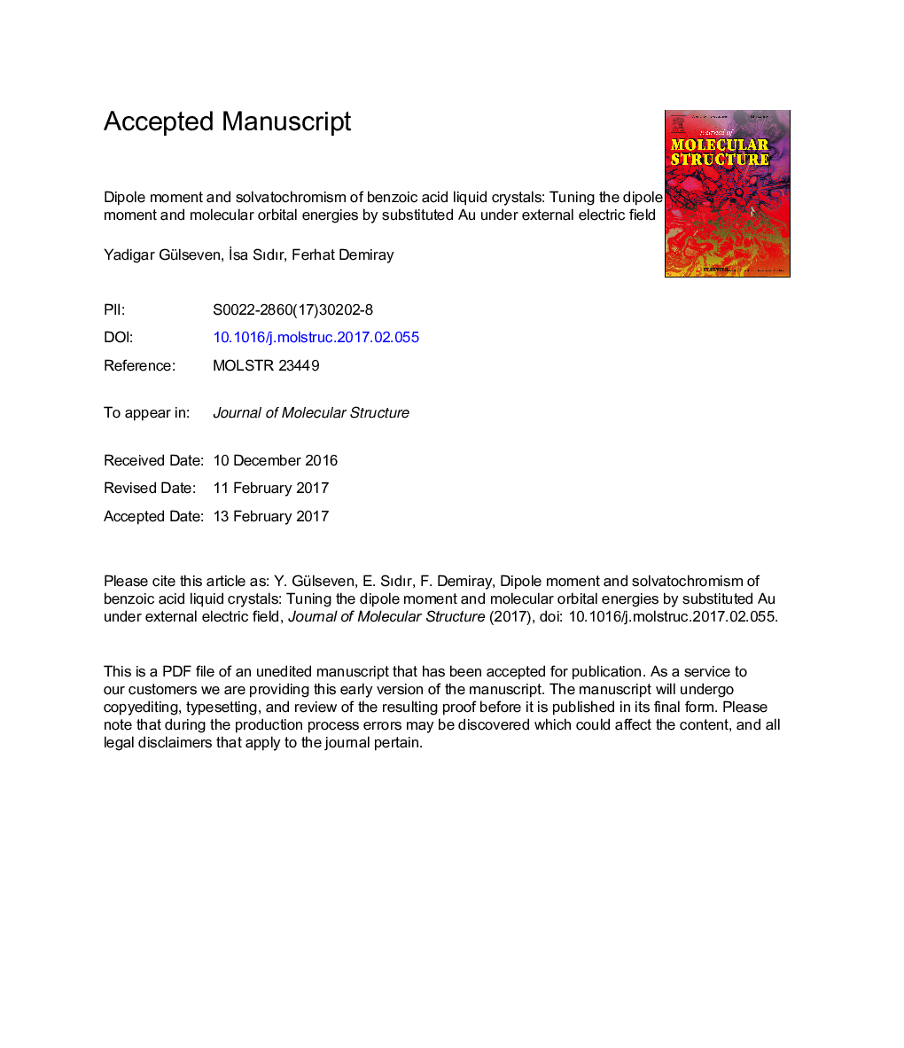 Dipole moment and solvatochromism of benzoic acid liquid crystals: Tuning the dipole moment and molecular orbital energies by substituted Au under external electric field