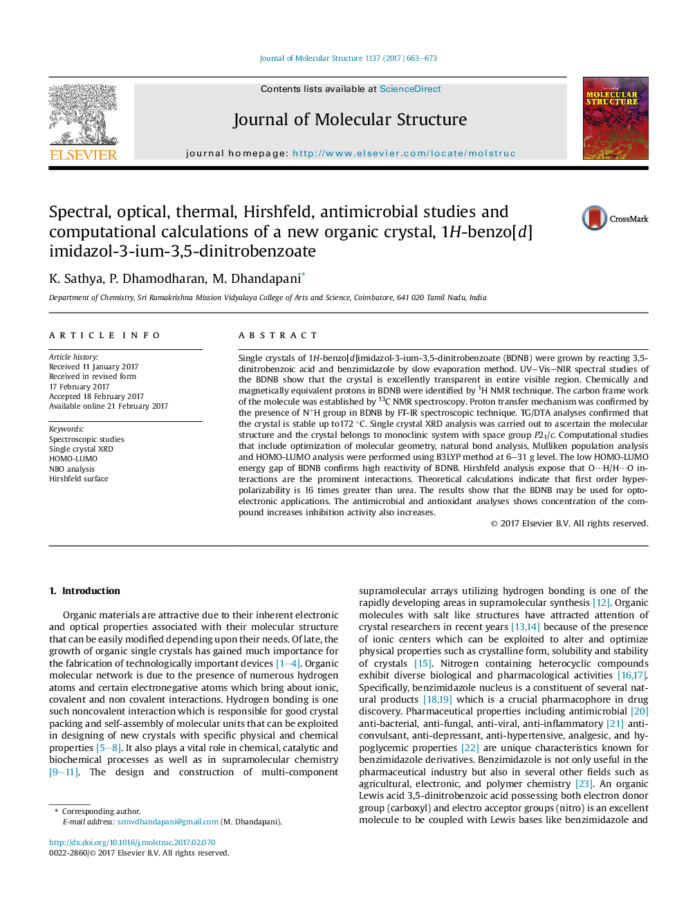 Spectral, optical, thermal, Hirshfeld, antimicrobial studies and computational calculations of a new organic crystal, 1H-benzo[d]imidazol-3-ium-3,5-dinitrobenzoate