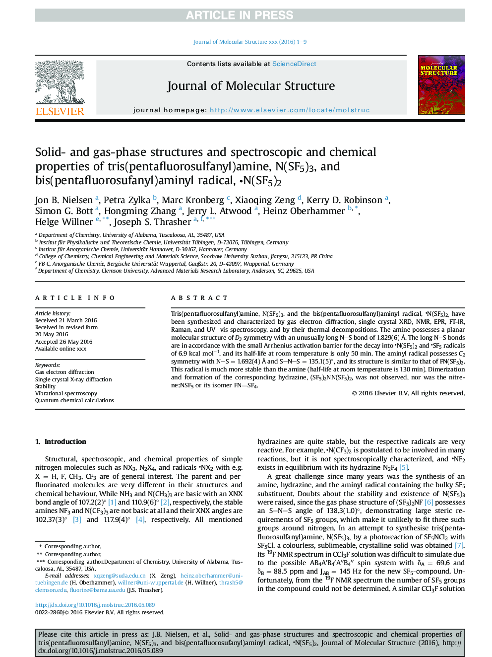 Solid- and gas-phase structures and spectroscopic and chemical properties of tris(pentafluorosulfanyl)amine, N(SF5)3, and bis(pentafluorosufanyl)aminyl radical, N(SF5)2