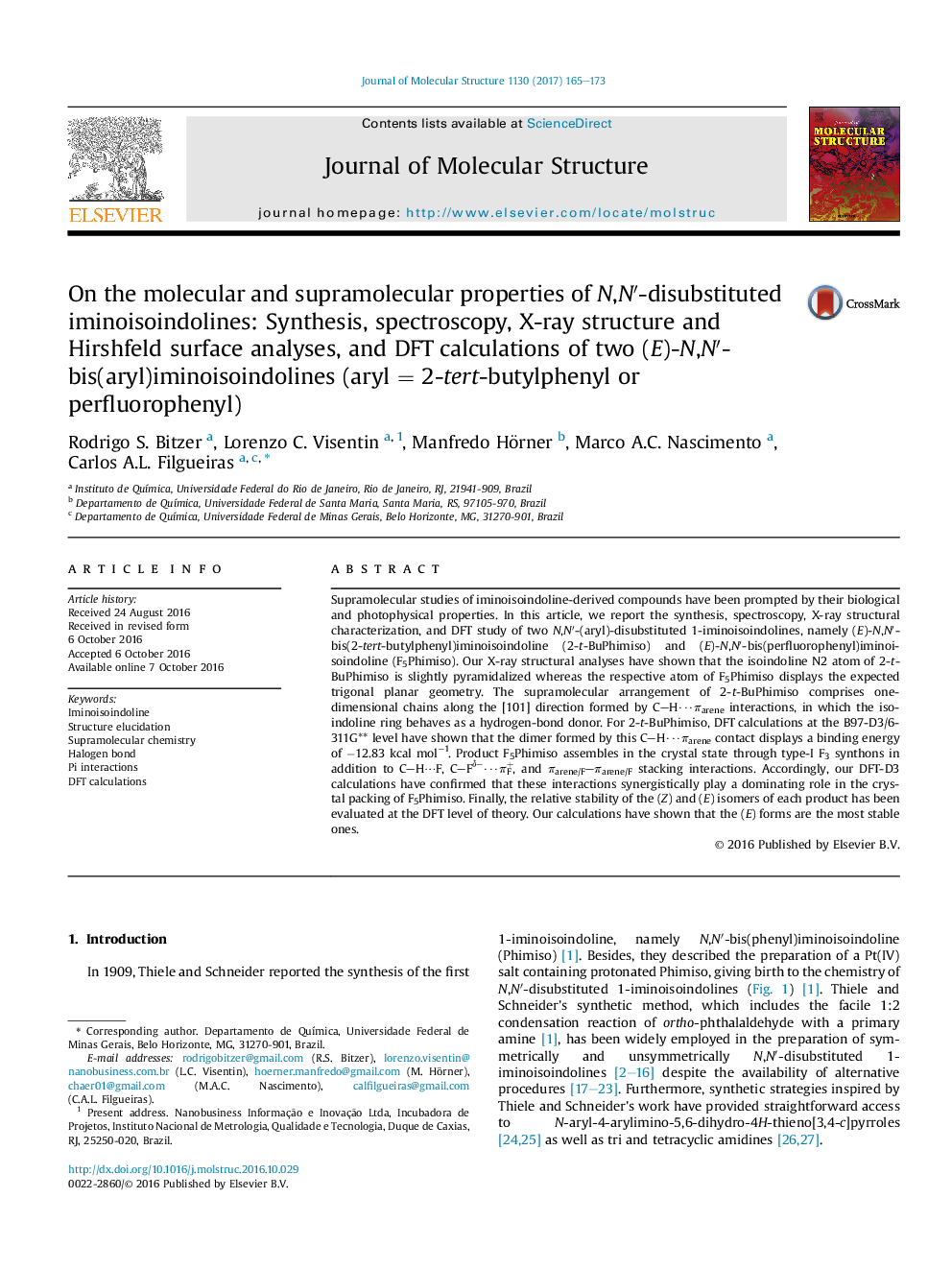 On the molecular and supramolecular properties of N,Nâ²-disubstituted iminoisoindolines: Synthesis, spectroscopy, X-ray structure and Hirshfeld surface analyses, and DFT calculations of two (E)-N,Nâ²-bis(aryl)iminoisoindolines (arylÂ =Â 2-tert-butylphen