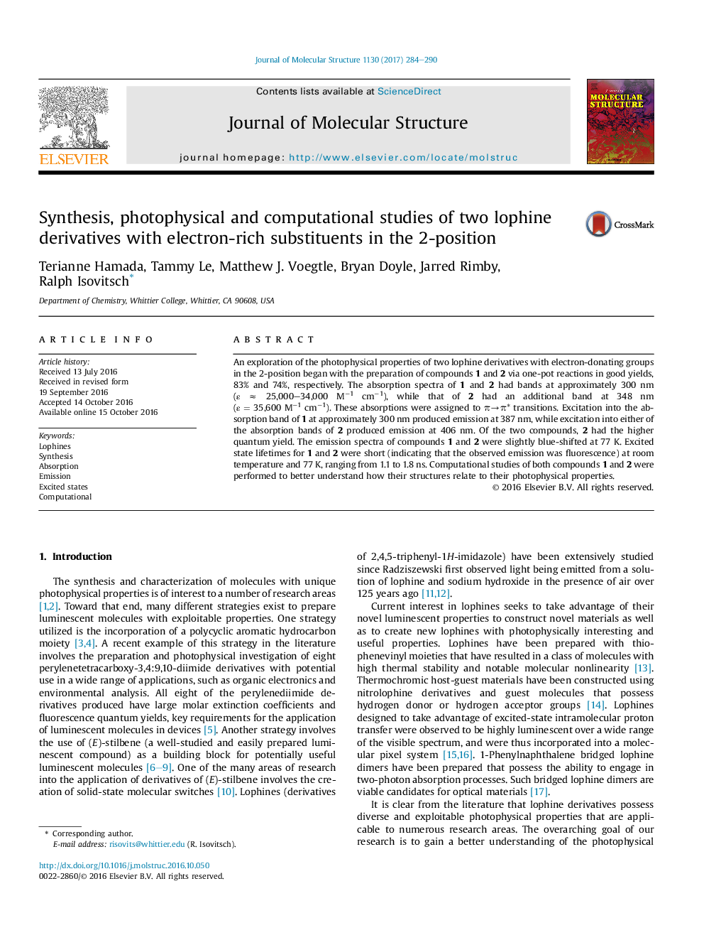 Synthesis, photophysical and computational studies of two lophine derivatives with electron-rich substituents in the 2-position