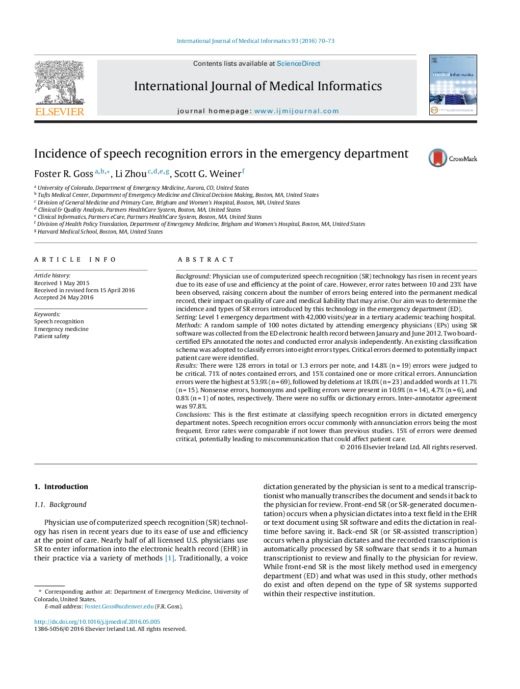 Incidence of speech recognition errors in the emergency department