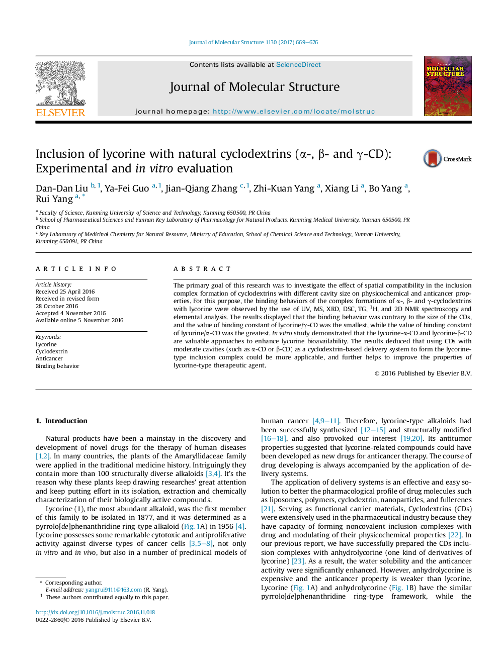 Inclusion of lycorine with natural cyclodextrins (Î±-, Î²- and Î³-CD): Experimental and inÂ vitro evaluation