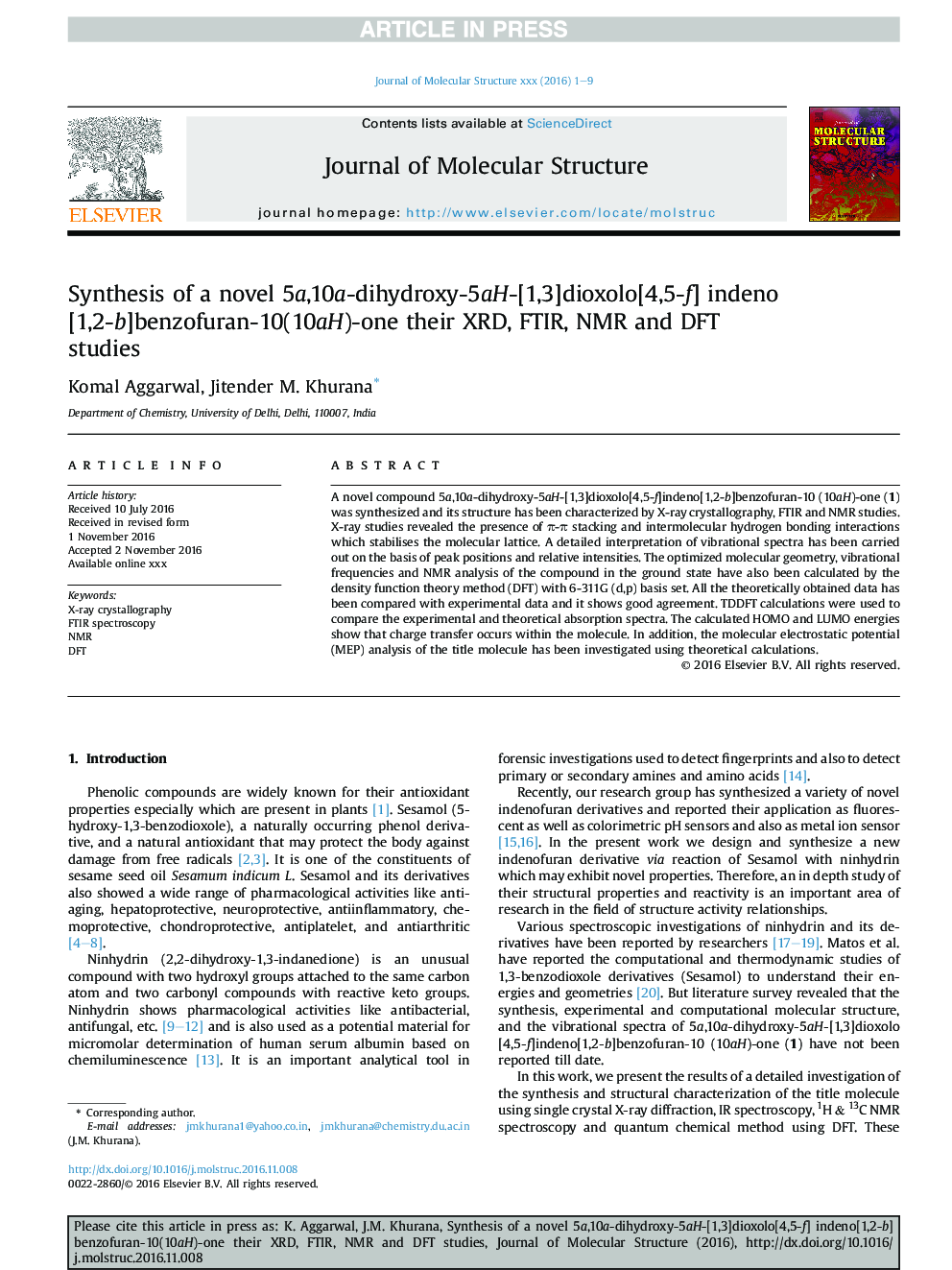 Synthesis of a novel 5a,10a-dihydroxy-5aH-[1,3]dioxolo[4,5-f] indeno[1,2-b]benzofuran-10(10aH)-one their XRD, FTIR, NMR and DFT studies