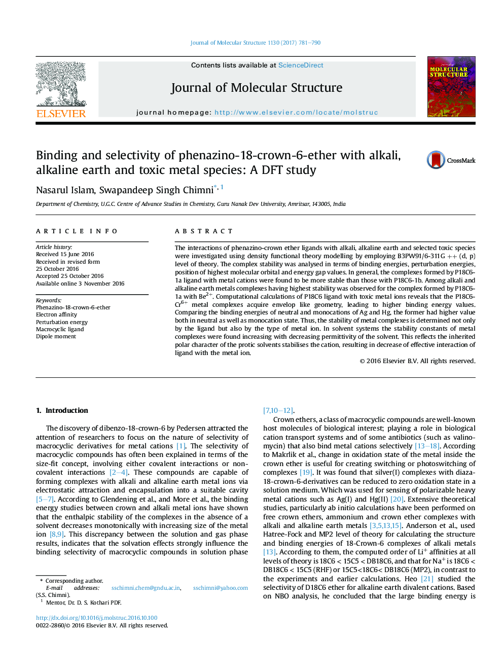 Binding and selectivity of phenazino-18-crown-6-ether with alkali, alkaline earth and toxic metal species: A DFT study