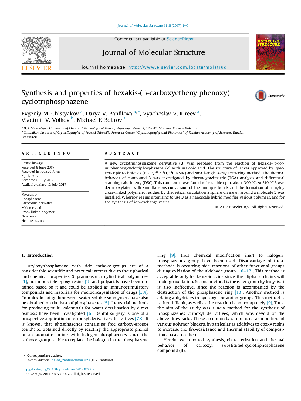 Synthesis and properties of hexakis-(Î²-carboxyethenylphenoxy)cyclotriphosphazene