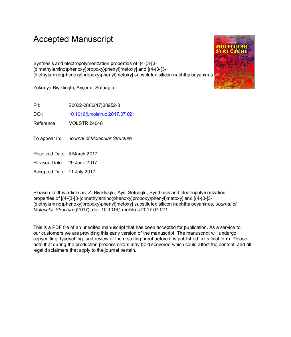 Synthesis and electropolymerization properties of [(4-{3-[3-(dimethylamino)phenoxy]propoxy}phenyl)metoxy] and [(4-{3-[3-(diethylamino)phenoxy]propoxy}phenyl)metoxy] substituted silicon naphthalocyanines