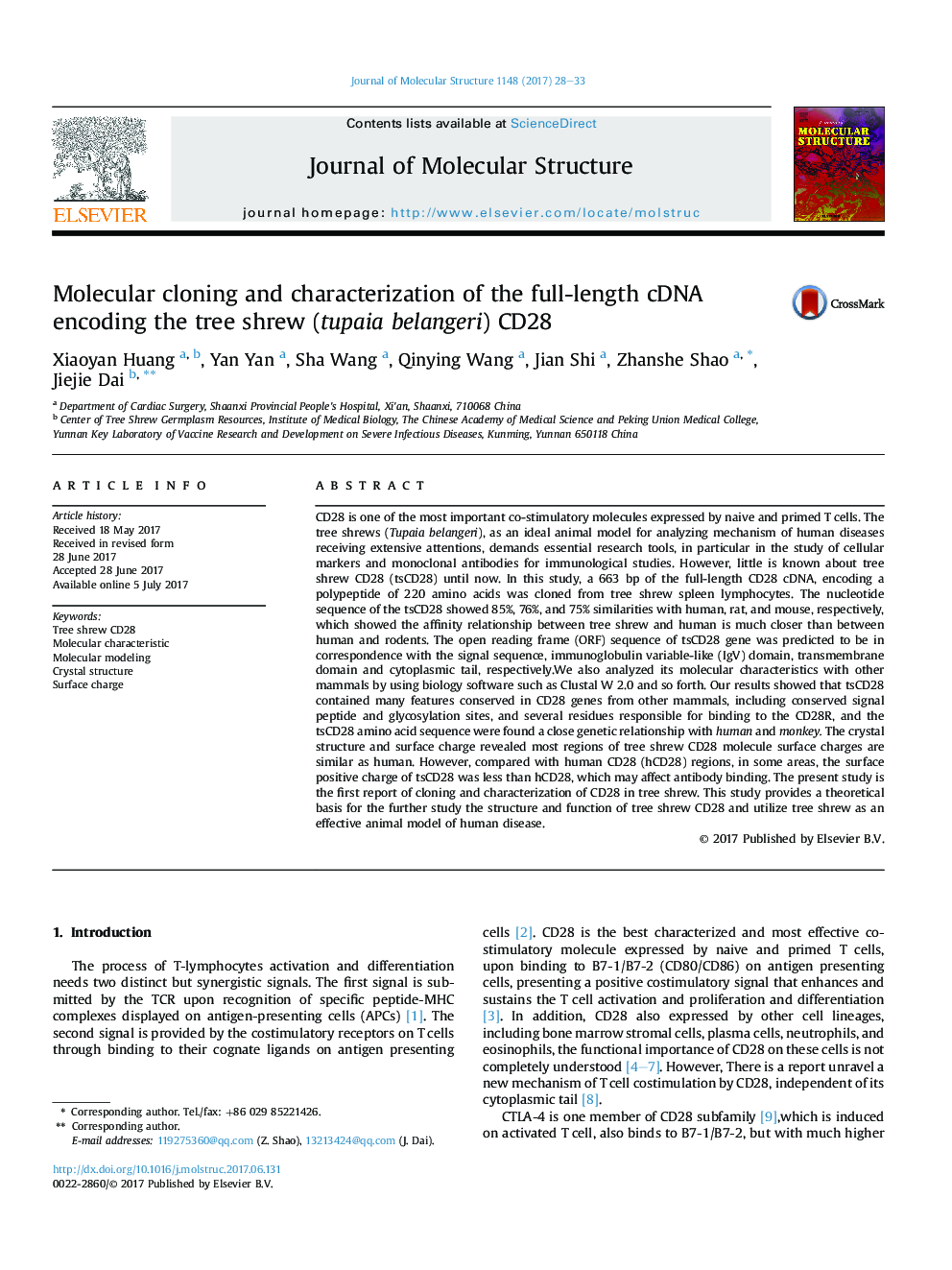 Molecular cloning and characterization of the full-length cDNA encoding the tree shrew (tupaia belangeri) CD28