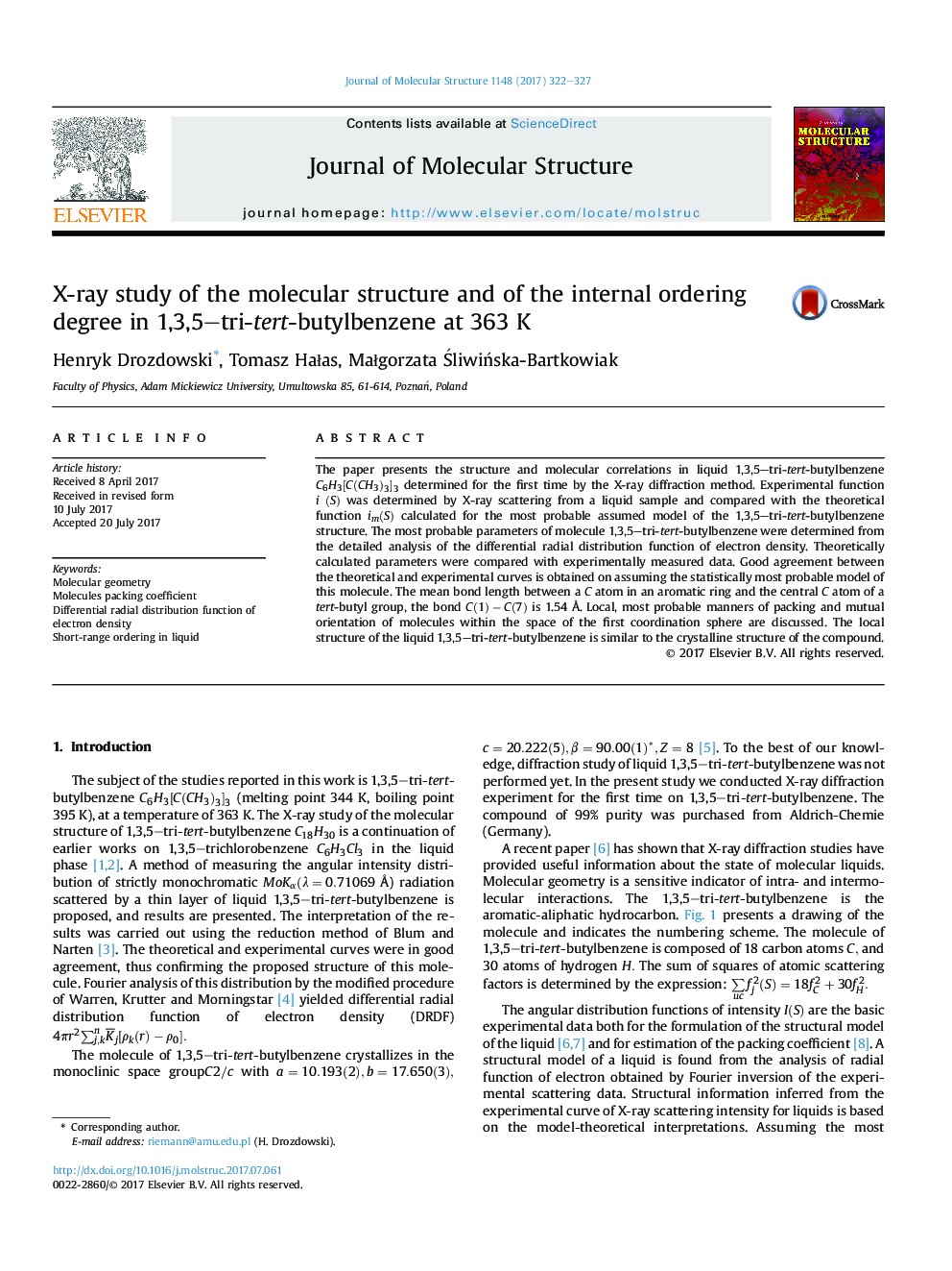 X-ray study of the molecular structure and of the internal ordering degree in 1,3,5-tri-tert-butylbenzene at 363Â K