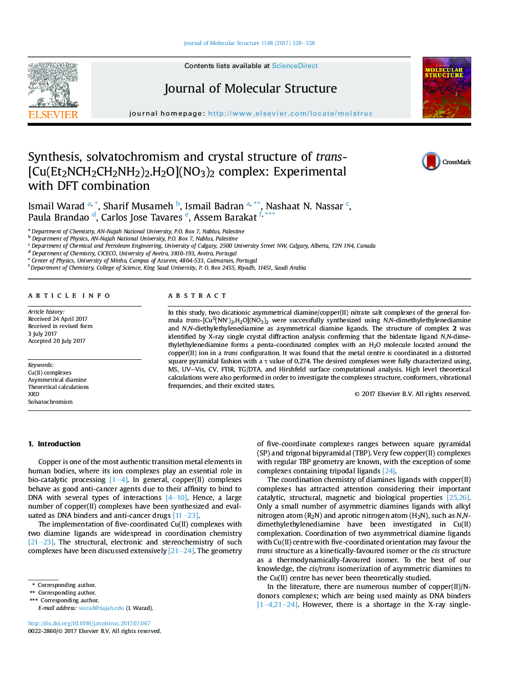 Synthesis, solvatochromism and crystal structure of trans-[Cu(Et2NCH2CH2NH2)2.H2O](NO3)2 complex: Experimental withÂ DFTÂ combination