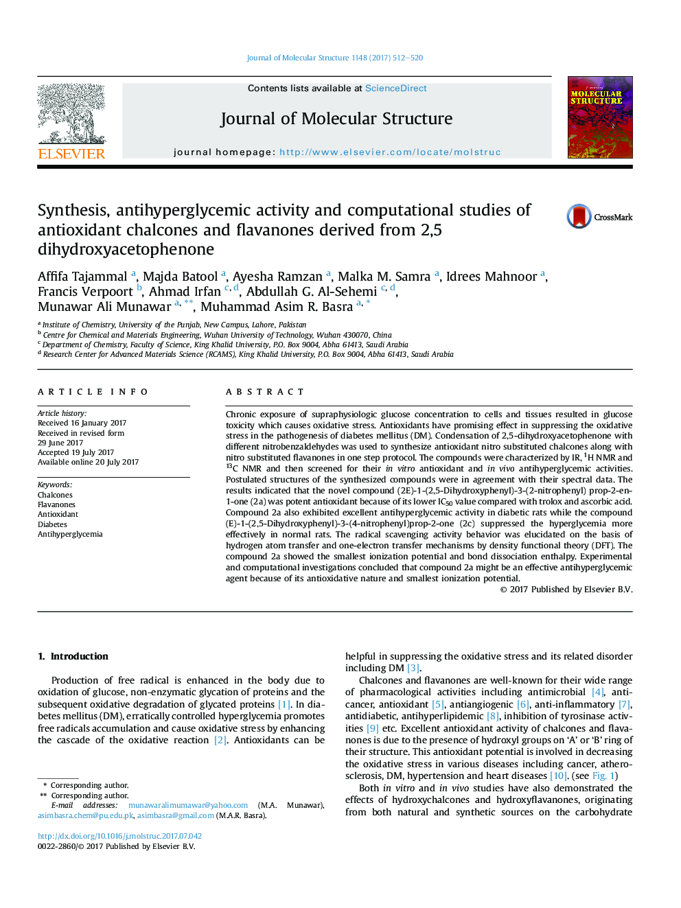 Synthesis, antihyperglycemic activity and computational studies of antioxidant chalcones and flavanones derived from 2,5 dihydroxyacetophenone