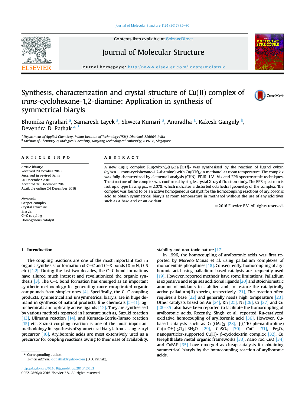 Synthesis, characterization and crystal structure of Cu(II) complex of trans-cyclohexane-1,2-diamine: Application in synthesis of symmetrical biaryls