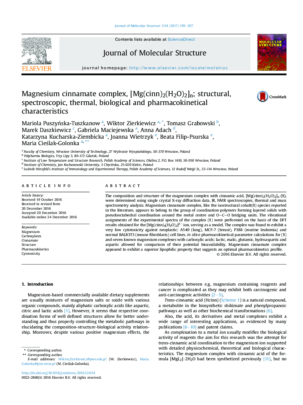 Magnesium cinnamate complex, [Mg(cinn)2(H2O)2]n; structural, spectroscopic, thermal, biological and pharmacokinetical characteristics