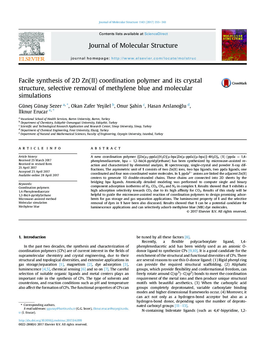 Facile synthesis of 2D Zn(II) coordination polymer and its crystal structure, selective removal of methylene blue and molecular simulations