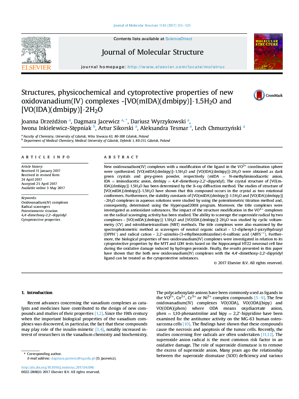 Structures, physicochemical and cytoprotective properties of new oxidovanadium(IV) complexes -[VO(mIDA)(dmbipy)]Â·1.5H2O and [VO(IDA)(dmbipy)]Â·2H2O