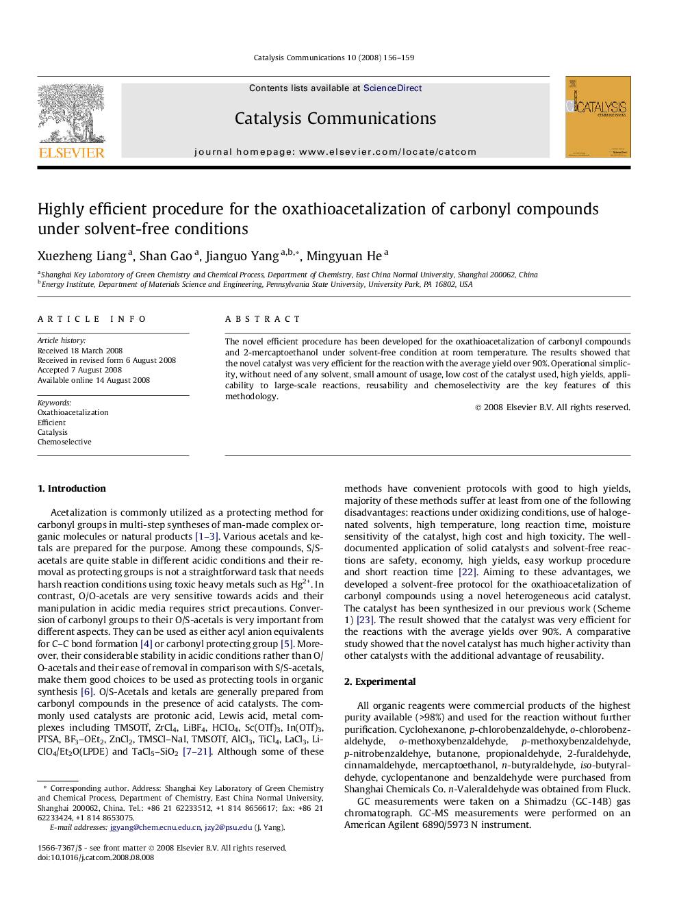 Highly efficient procedure for the oxathioacetalization of carbonyl compounds under solvent-free conditions